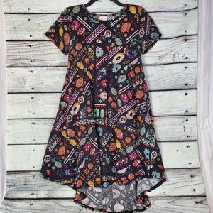 LuLaRoe Carly Dress XXS Black Bright Tribal Print Hi-Low Hem Short Sleeve Simply